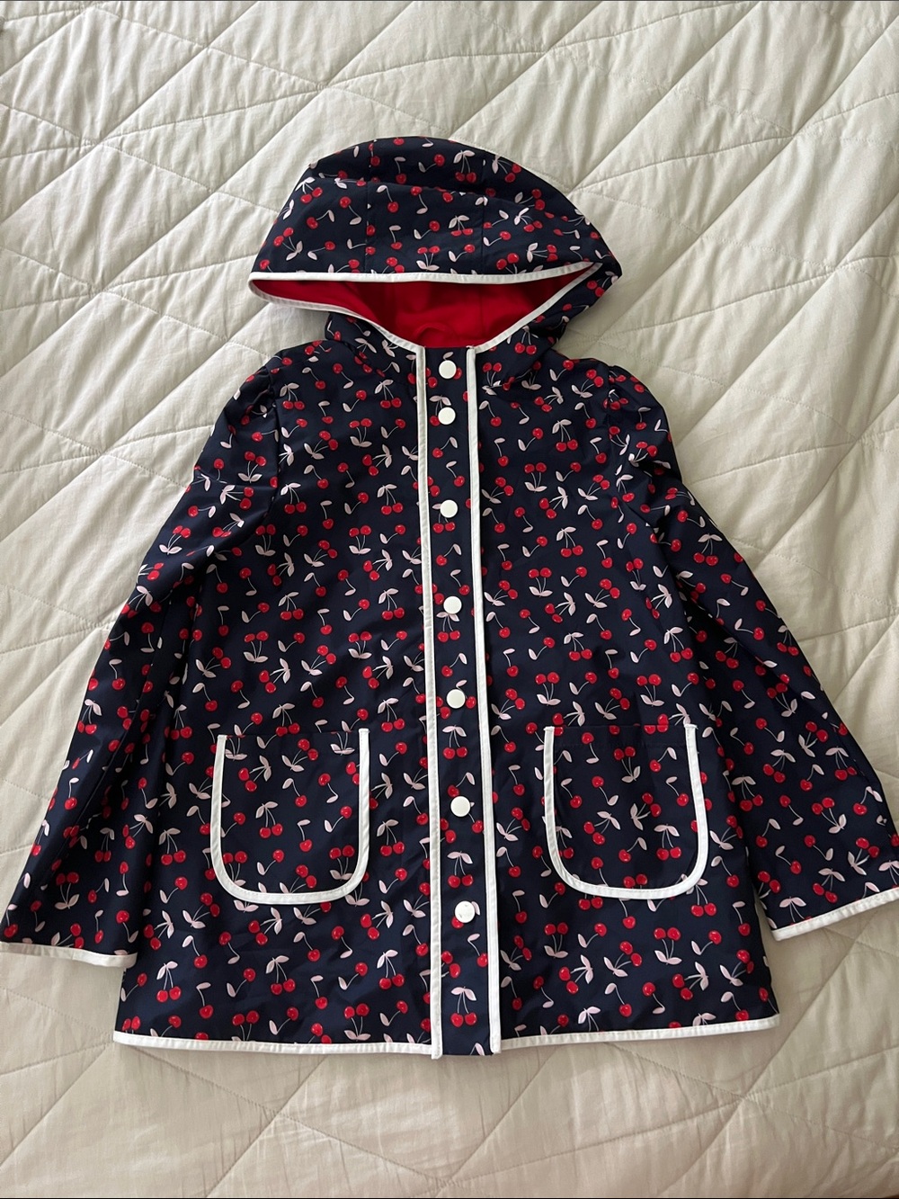 Janie and Jack Navy Cherry-Print Hooded Raincoat with White Trim 5-6
